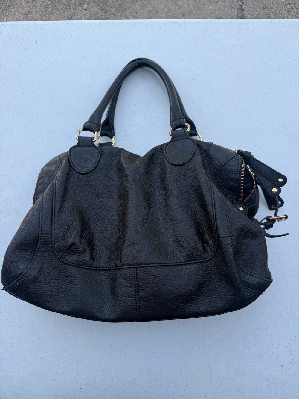 Audrey Brooke Black Leather Shoulder Bag with Gold Hardware